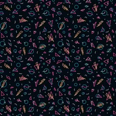 a black background with pink, blue and yellow shapes