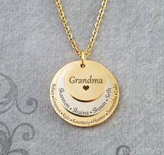 Grandma Necklace Grandkids Necklace STAINLESS STEEL Stacked Kids Names Necklace Mother's Day Necklace Personalized Jewelry Engraved Necklace This listing is for a stacked circle necklace engraved with Grandma and personalized with your choice of names. Just send us the details in a note during checkout. You can have just the fronts engraved (as shown) OR you can pay to have either one, two, or three backside engravings on the discs by using the drop-down menu. See the secondary photos for charm Names Necklace, Grandma Necklace, Laser Engraved Ideas, Bar Necklace Personalized, Kids Names, Bar Pendant, Engraved Jewelry, Engraved Necklace, Circle Necklace