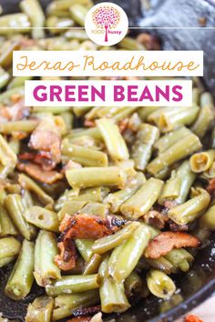 green beans in a skillet with text overlay that reads vegan roadhouse green beans