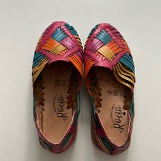 Colorful Mexican Leather Sandals, Never Worn, Great Condition, 100% Genuine Leather. Multicolor Flat Sandals For Vacation, Multicolor Flat Heel Sandals For Vacation, Pink Closed Toe Sandals With Woven Sole, Bohemian Multicolor Flat Sandals, Multicolor Leather Sandals With Woven Sole, Adjustable Closed Toe Multicolor Sandals, Multicolor Flat Heel Sandals For Beach, Spring Beach Huarache Sandals With Soft Sole, Casual Closed Toe Colorful Sandals