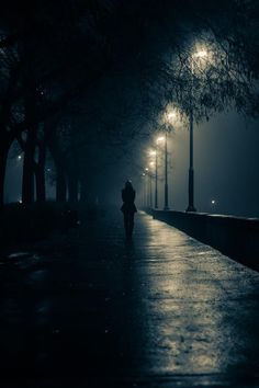 a person walking down a street at night in the rain with an umbrella over their head