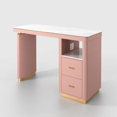 a pink desk with two drawers and a white marble top on the bottom, in front of a gray background