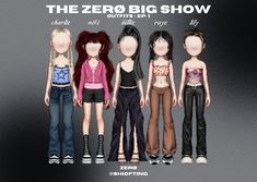 several different types of dolls standing in front of a black background with the words the zero big show on it