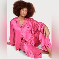 Now Entering Sleep Mode. Relax In This Satin Pant And Matching Long-Sleeve Top With A Chest Pocket, Notch Collar, And Decorative Piping. Easy Fit Long-Sleeve, Button-Front Top Hits Below Hips Chest Pocket With Embroidered Vs Pant With Drawstring Waist Regular 31" Inseam Machine Wash Pink Long Sleeve Sleepwear For Night, Victoria's Secret Long Sleeve Sleepwear, Victoria's Secret Long Sleeve Pajama Sets, Victoria's Secret Long Sleeve Loungewear Sets, Victoria's Secret Long Sleeve Pajama Set For Sleepovers, Victoria's Secret Long Sleeve Sleepover Set, Pajama Gift Set, Satin Pant, Silky Pants