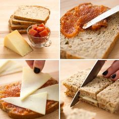 the process of making sandwiches with cheese, jam and crackers is shown in four pictures