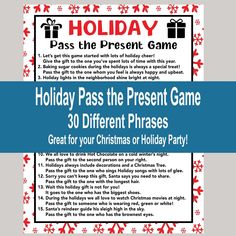 a holiday pass the present game for children to play on christmas day, with text overlay