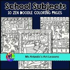 an adult coloring book with the title school subjects