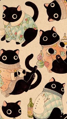 several black cats wearing sweaters and hats with drinks in their hands on a beige background