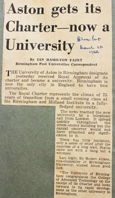 an old newspaper advertises the university as it gets its charter now a university