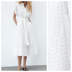 Nwt. Zara White Embroidered Eyelet Belted Midi Dress Made Of 100% Cotton. Lapel Collar And Short Sleeves With Buttoned Cuffs. Tied Self Belt. Front Button Closure. Side Pockets. Size Xxl. Ref.7761/052. Pit To Pit 23" Flat, Shoulders 20", Sleeves 2,5", Waist 21", Length 51". 1029. White Casual Eyelet Dress, Elegant Short Sleeve Eyelet Dresses, Elegant Cotton Lace Dress For Spring, Elegant Summer Cotton Lace Dress, White Eyelet Dress For Spring, Elegant Cotton Lace Dress For Summer, White Midi Dress With Cutwork Hem, Casual White Broderie Anglaise Midi Dress, White Casual Broderie Anglaise Midi Dress