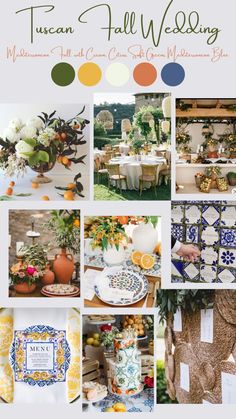 a collage of photos with different colors and patterns on them, including oranges, blue