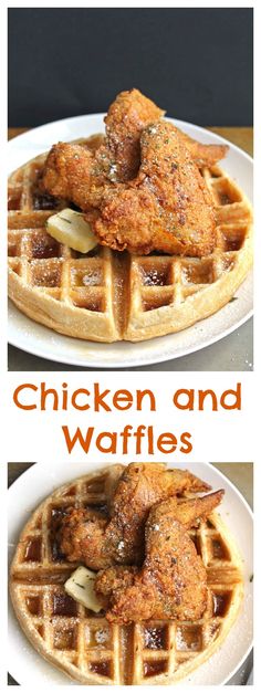 chicken and waffles on a white plate with the words chicken and waffles