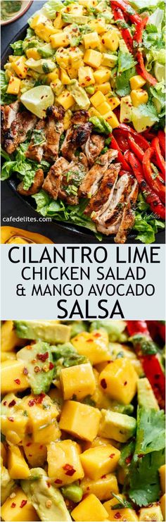 chicken salad with mango avocado and salsa on the side is shown in two different pictures