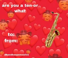 there are many hearts in the background with an image of a saxophone and some emoticions