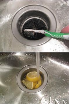 two pictures of a sink with a toothbrush in it and lemon slices in the drain