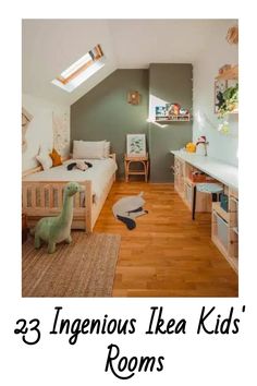 a child's bedroom with wooden floors and green walls, white bedding and shelves