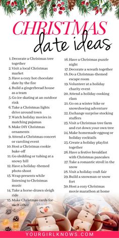 Spread the holiday cheer with these 33 festive Christmas date ideas! From cozy traditions to magical winter activities, these enchanting options will make your Christmas season truly special. Date Ideas In Winter, Winter Love Couple, List Date Ideas, Winter Date Night Ideas, Micro Adventure, Date Ideas Winter, Night Date Ideas, Christmas Date Ideas, Date Ideas At Home