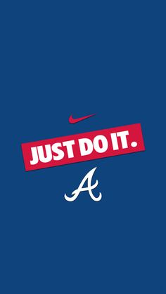 the atlanta braves logo is displayed on a blue background with just do it sticker