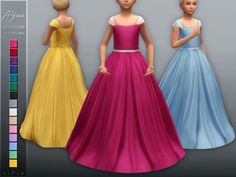 three different colored dresses are shown in the image, one is blue and one is yellow