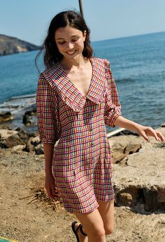 Mariana Plaid Linen Blend Mini Dress Plaid Fall Dress, Plaid Dresses, Ciao Lucia, Exaggerated Collar, 500 Days, White Evening Dress, Voluminous Sleeves, Satin Evening Dresses, Fall Plaid