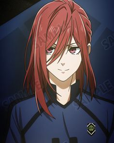 an anime character with long red hair and blue eyes looking at the camera, in front of a dark background