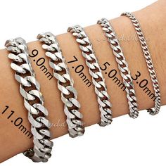 Customize 3/5/7/9/11MM Curb Cuban Silver 316L Stainless Steel Bracelet Men Chain Customize 3/5/7/9/11MM Curb Cuban Silver Stainless Steel Bracelet Mens Chain Boy     Specification: Brand new and high quality Measurement: Width: 3/5/7/9/11mm Material: Stainless Steel Length: 7/8/9/10/11inch Quantity: 1  Weight: 2-43g Stainless steel bracelet, great gift for Christmas, Halloween Party.    Package included: 1x Bracelet PaymentShippingReturnFeedbackContact us Payment 1. Payment is needed to receive Hip Hop Mode, Football Gifts, Bracelet For Men, Cuban Link Chain, Mens Jewelry Bracelet, Chains For Men, Steel Chain, Stainless Steel Chain, Bracelet Sizes