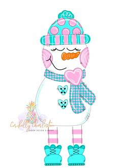 a drawing of a snowman with pink and blue gloves