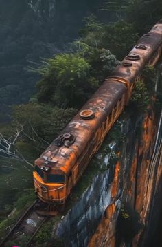 an old rusted train traveling through the jungle