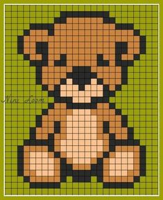 a cross stitch teddy bear sitting on top of a green background with the word love written in