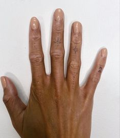 a person's hand with tattoos on it and two fingers in the foreground