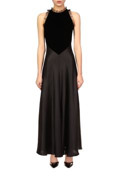 Black Silk Satin & Velvet Dress With Tulle Detail – Rodarte Velvet Ribbon Bow, Dress With Tulle, Silk Charmeuse, Flared Skirt, New Arrival Dress, Fitted Bodice, Black Silk, Velvet Dress, Flare Skirt