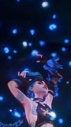 a woman with blue hair and tattoos standing in front of some water bubbles at night