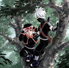 two anime characters sitting in a tree with one holding the other's head up