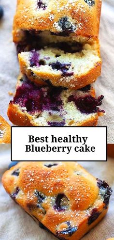 blueberry cake is stacked on top of each other with the words best healthy blueberry cake