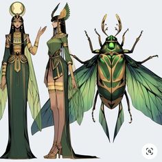 two women dressed in egyptian style clothing, one with an insect on her head and the other with wings