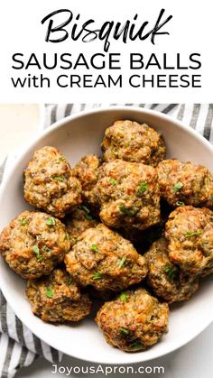 a bowl full of sausage balls with cream cheese on top and the title above it