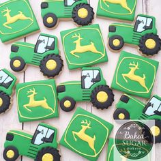 decorated cookies with green and yellow frosting depicting farm animals, tractors and deer on them