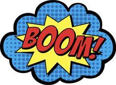 the word boom on a blue and yellow background with an explosion effect in the center