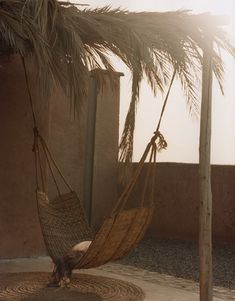 a hammock hanging from a palm tree in front of a wall and floor