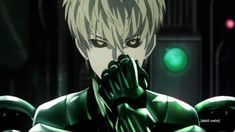 an anime character holding his hands up to his face and looking at the camera with green eyes