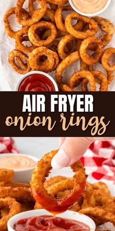 air fryer onion rings with ketchup and dipping sauce