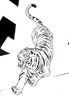 a black and white drawing of a tiger running