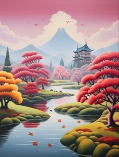 a painting of trees and water in front of a mountain with pagodas on it