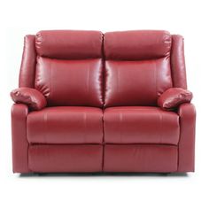 a red leather reclining loveseat with pillows on the arm and backrests