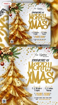 two christmas flyer templates with gold trees