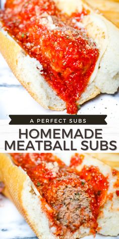 homemade meatball subs on bread with tomato sauce