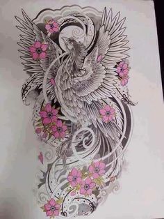 a drawing of a bird with pink flowers on it's wings and swirls