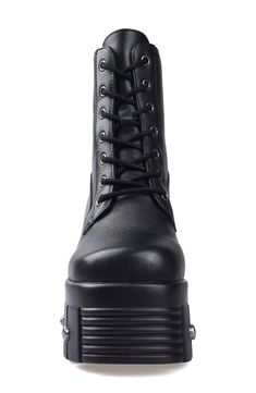 Bring bold biker edginess to your footwear collection with this heavy-duty combat boot set upon a lugged platform wedge studded with rivet-style screws and bolts. 4" heel; 3" platform 6" shaft Lace-up style Water resistant Leather upper and lining/rubber sole Imported Womens Combat Boots, Screws And Bolts, Platform Wedges, Up Styles, Combat Boots, Water Resistant, Leather Upper, Wedges, Black Leather