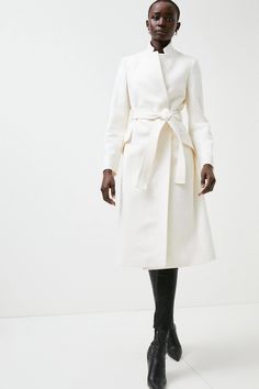 Italian Wool Cashmere Notch Neck Coat | Karen Millen White Wool Coat, Beautiful Wardrobe, Notched Neckline, Chic Coat, Man And Wife, Wedding Aesthetic, Soft Classic, White Coat, Karen Millen