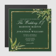 an elegant wedding card with green leaves and gold foil